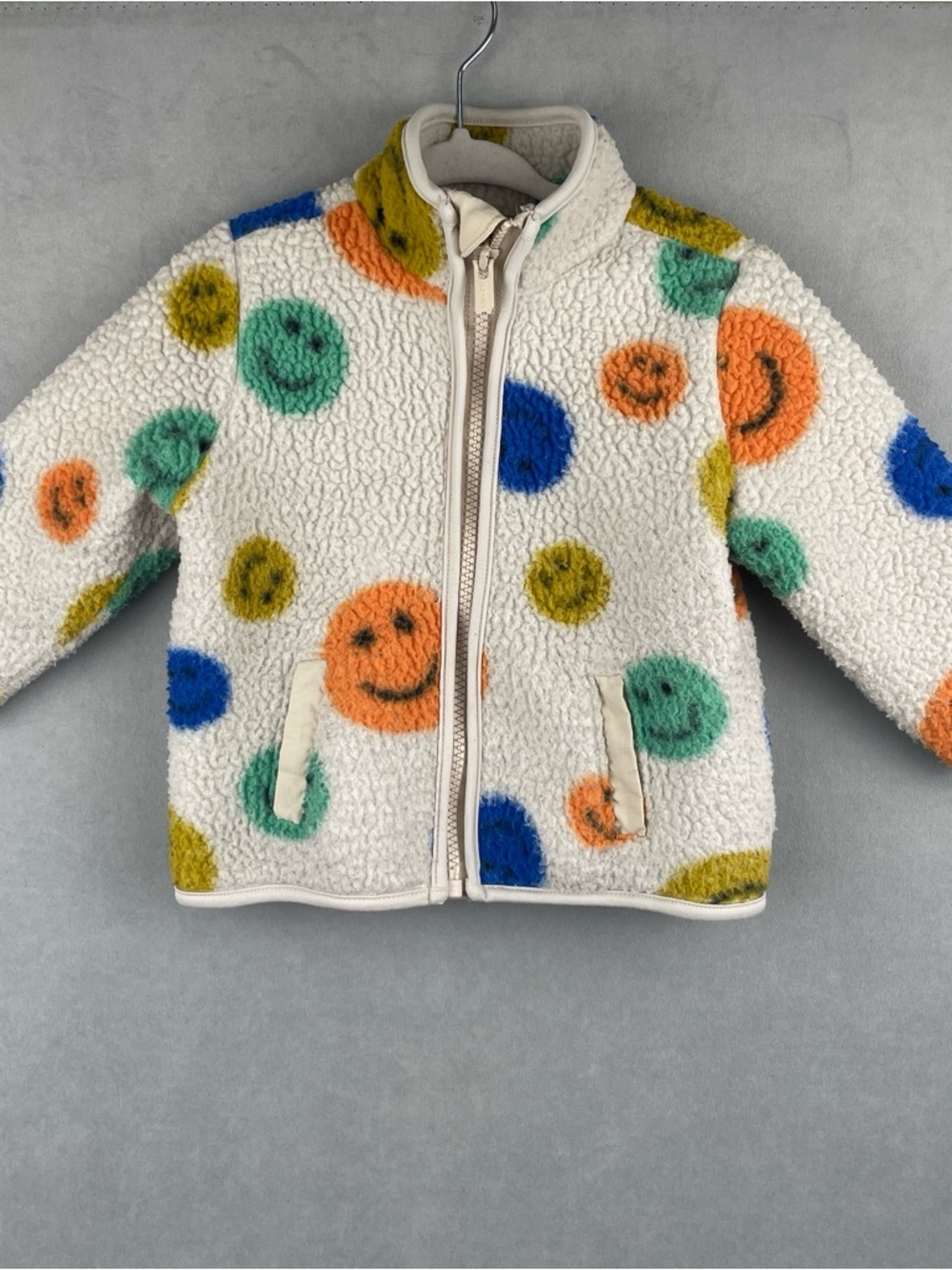 Old Navy Cream Sherpa Jacket with Multicolor Smiley Face Dots Size 12-18 Months